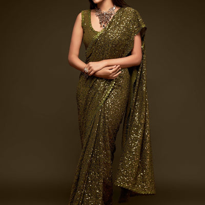 Georgette Green Saree With Heavy Sequined Blouse