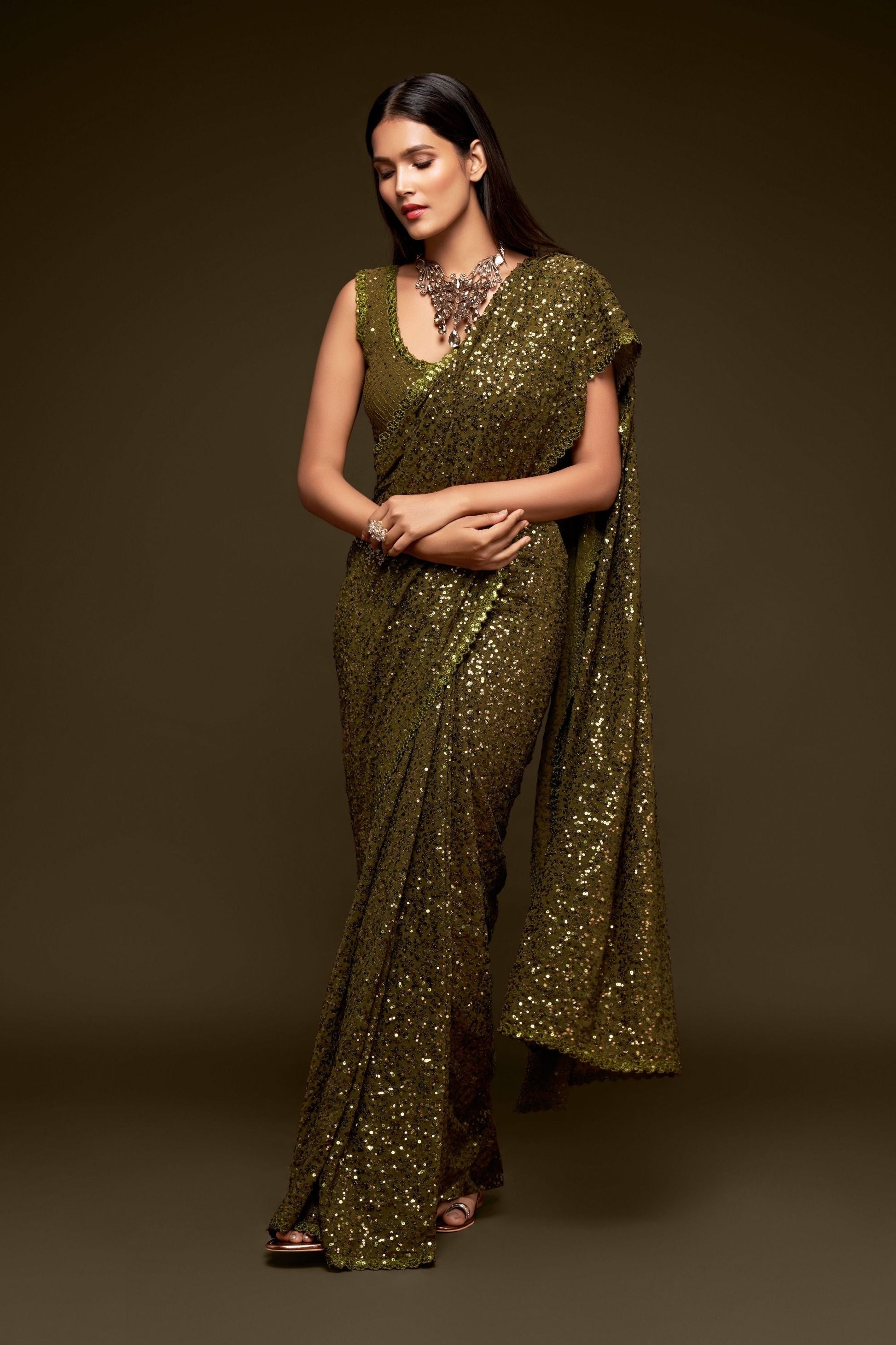 Georgette Green Saree With Heavy Sequined Blouse