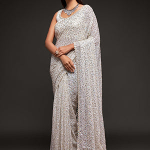 White Sequins Embroidered Heavy Saree In Georgette