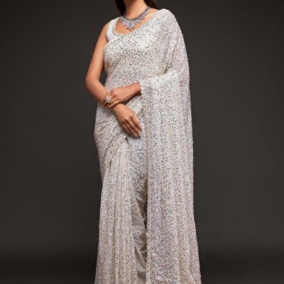 White Sequins Embroidered Heavy Saree In Georgette