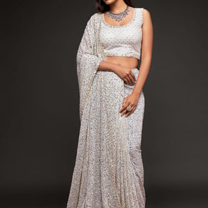 White Sequins Embroidered Heavy Saree In Georgette
