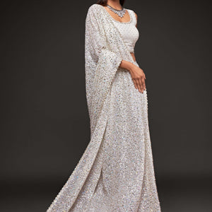 White Sequins Embroidered Heavy Saree In Georgette