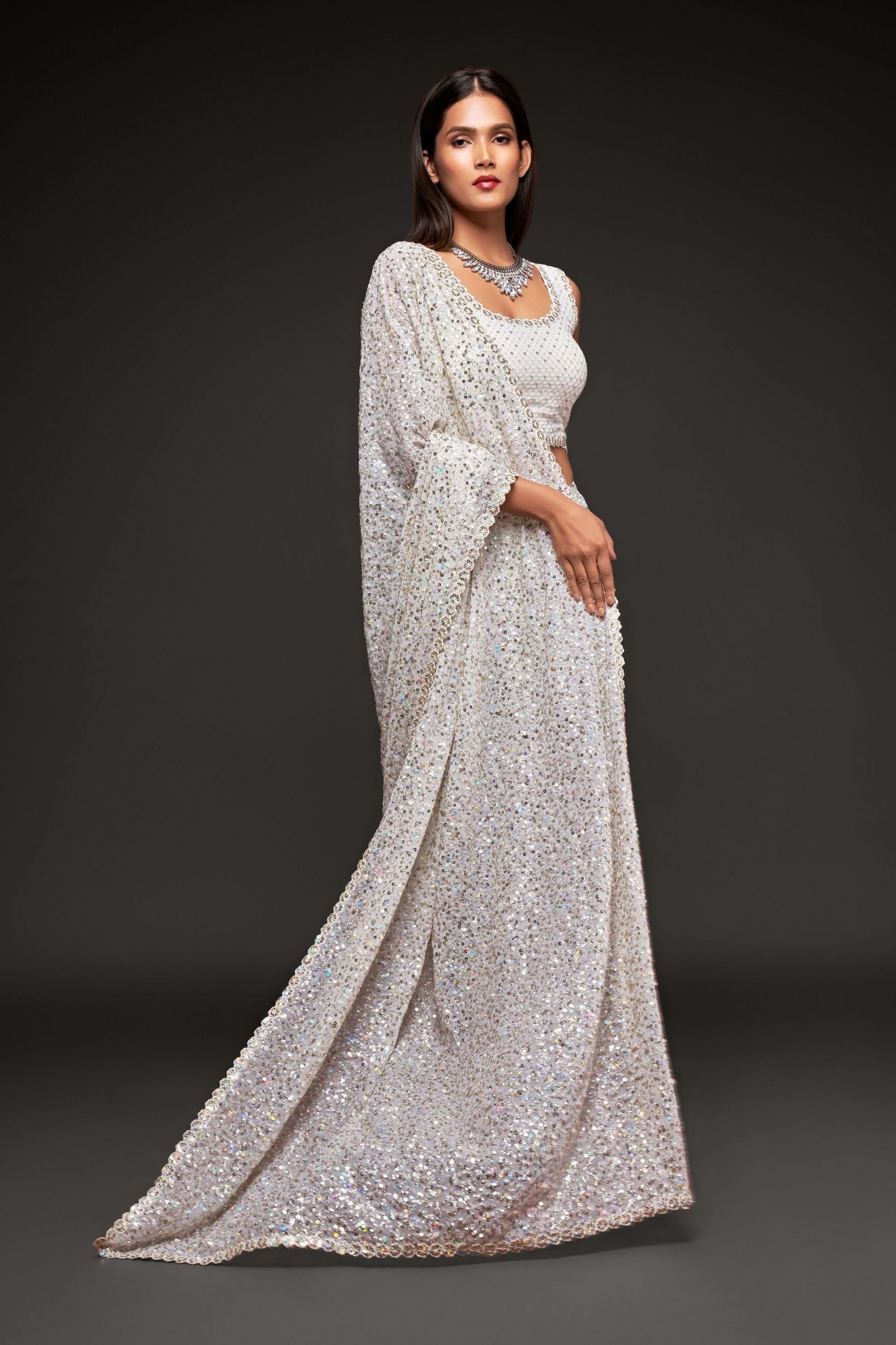 White Sequins Embroidered Heavy Saree In Georgette