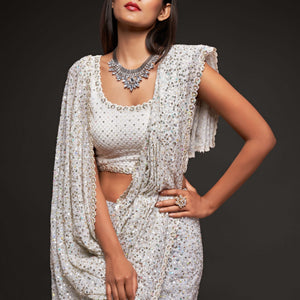 White Sequins Embroidered Heavy Saree In Georgette