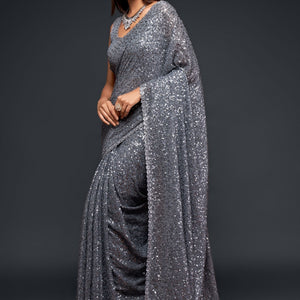 Thread & Sequins Embroidered Georgette Saree In Grey