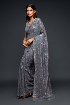 Thread & Sequins Embroidered Georgette Saree In Grey