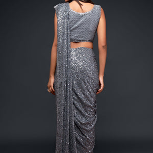 Thread & Sequins Embroidered Georgette Saree In Grey