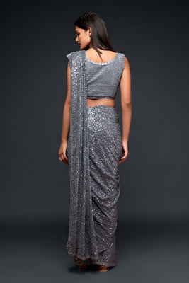 Thread & Sequins Embroidered Georgette Saree In Grey