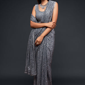 Thread & Sequins Embroidered Georgette Saree In Grey