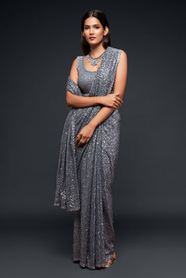 Thread & Sequins Embroidered Georgette Saree In Grey