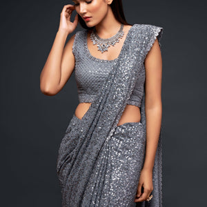 Thread & Sequins Embroidered Georgette Saree In Grey