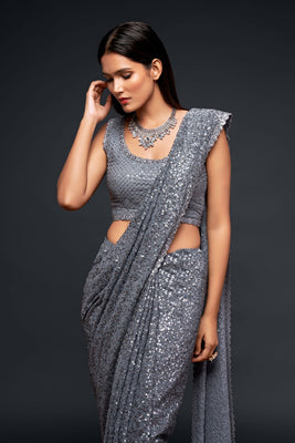 Thread & Sequins Embroidered Georgette Saree In Grey