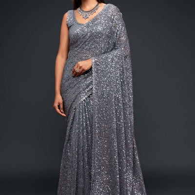 Thread & Sequins Embroidered Georgette Saree In Grey