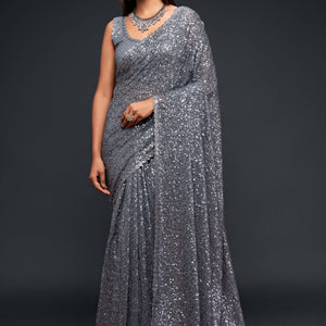 Thread & Sequins Embroidered Georgette Saree In Grey