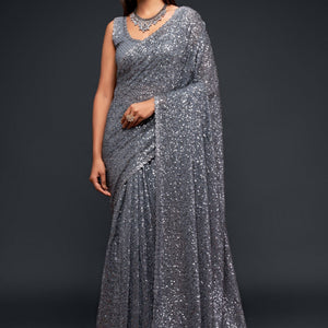 Thread & Sequins Embroidered Georgette Saree In Grey