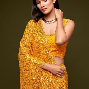 Yellow Sequined Georgette Saree For Party Wear