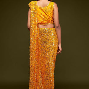 Yellow Sequined Georgette Saree For Party Wear
