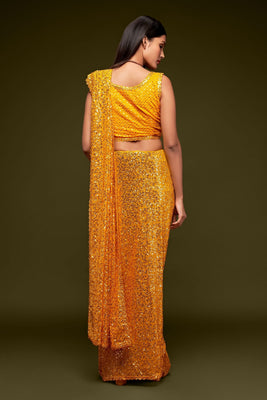 Yellow Sequined Georgette Saree For Party Wear