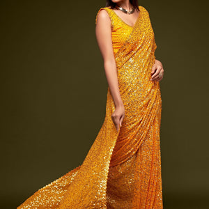 Yellow Sequined Georgette Saree For Party Wear