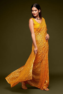 Yellow Sequined Georgette Saree For Party Wear