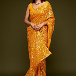 Yellow Sequined Georgette Saree For Party Wear