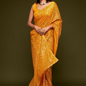 Yellow Sequined Georgette Saree For Party Wear