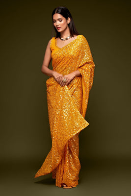 Yellow Sequined Georgette Saree For Party Wear