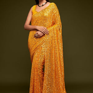 Yellow Sequined Georgette Saree For Party Wear