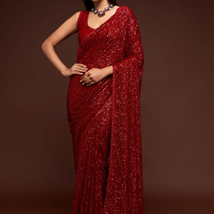Red Party Wear Sequins Embroidered Saree In Georgette