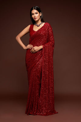 Red Party Wear Sequins Embroidered Saree In Georgette