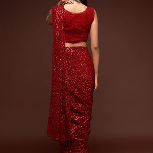 Red Party Wear Sequins Embroidered Saree In Georgette