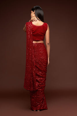 Red Party Wear Sequins Embroidered Saree In Georgette
