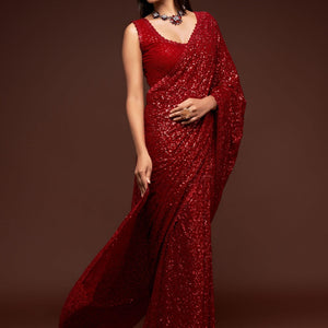 Red Party Wear Sequins Embroidered Saree In Georgette