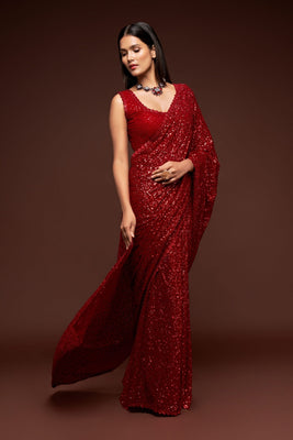 Red Party Wear Sequins Embroidered Saree In Georgette