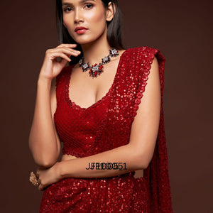 Red Party Wear Sequins Embroidered Saree In Georgette
