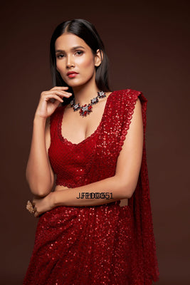 Red Party Wear Sequins Embroidered Saree In Georgette