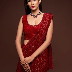 Red Party Wear Sequins Embroidered Saree In Georgette