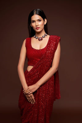 Red Party Wear Sequins Embroidered Saree In Georgette