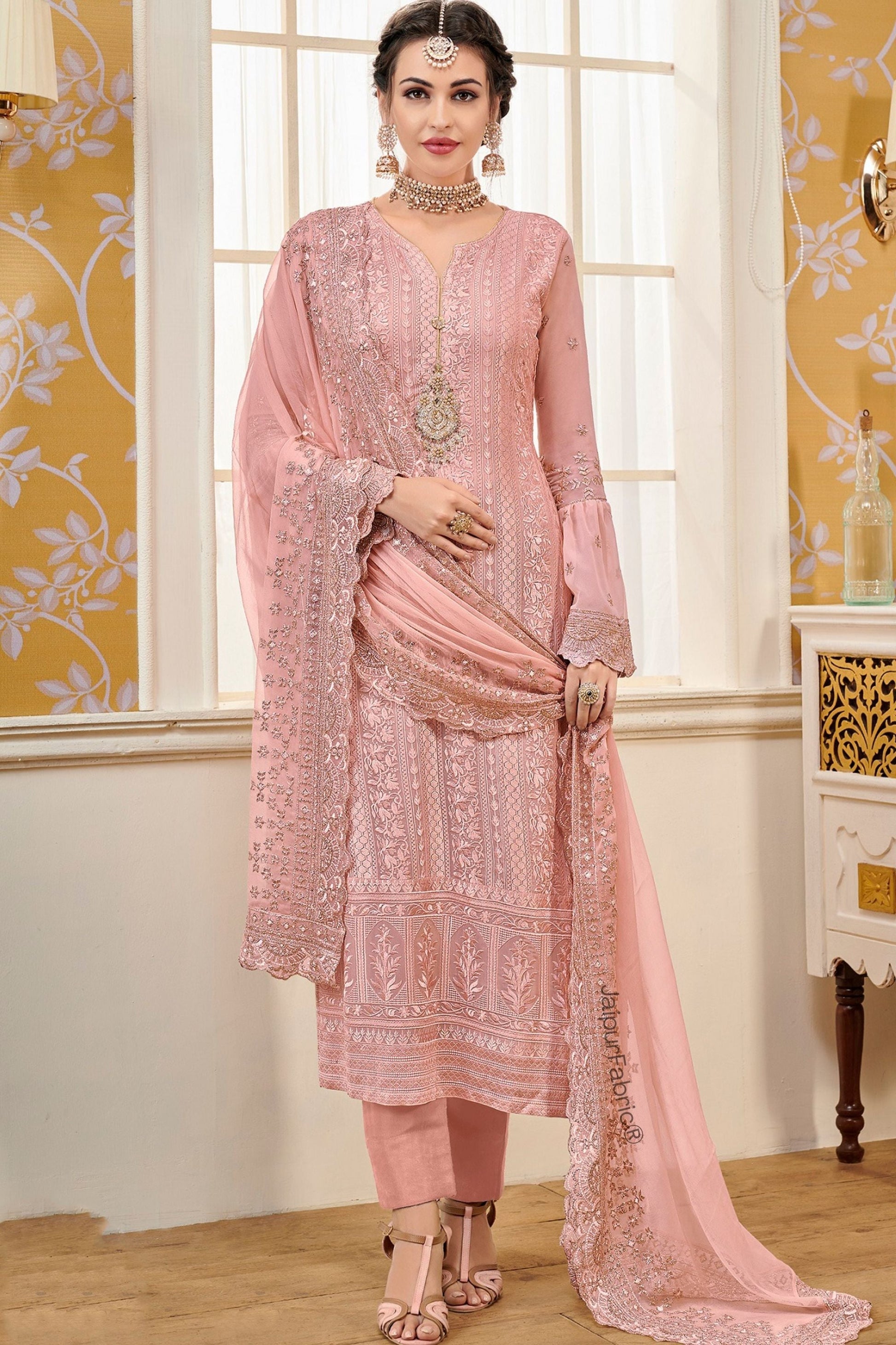 Embroidered & Sequin Work Georgette Semi Stitched Suit