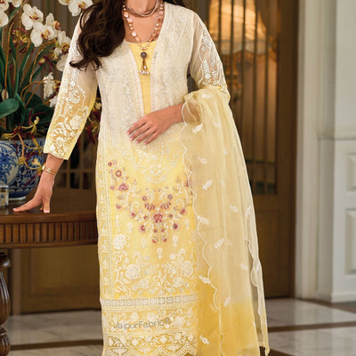 Shades Of Yellow & White Beautiful Embroidery Work Organza Suit