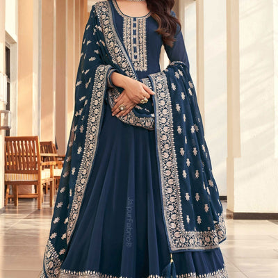 Floor Touch Anarkali Embroidered Georgette Teal Embroidered Semi Stitched Suit Set
