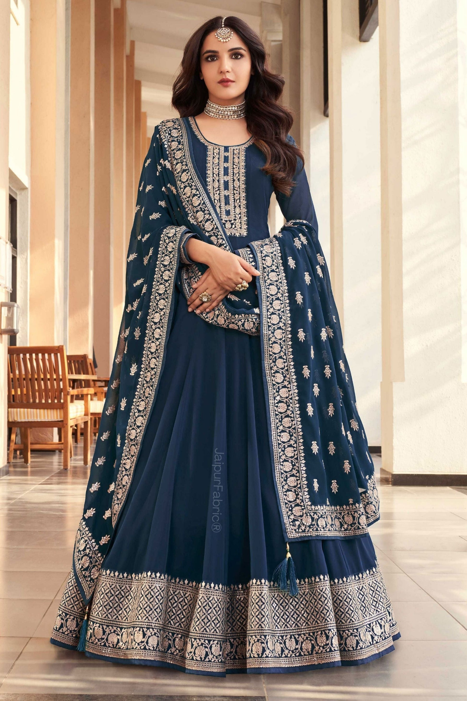 Floor Touch Anarkali Embroidered Georgette Teal Embroidered Semi Stitched Suit Set