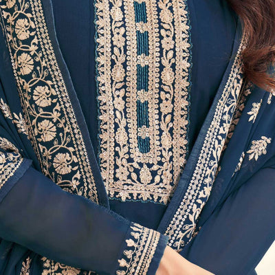 Floor Touch Anarkali Embroidered Georgette Teal Embroidered Semi Stitched Suit Set