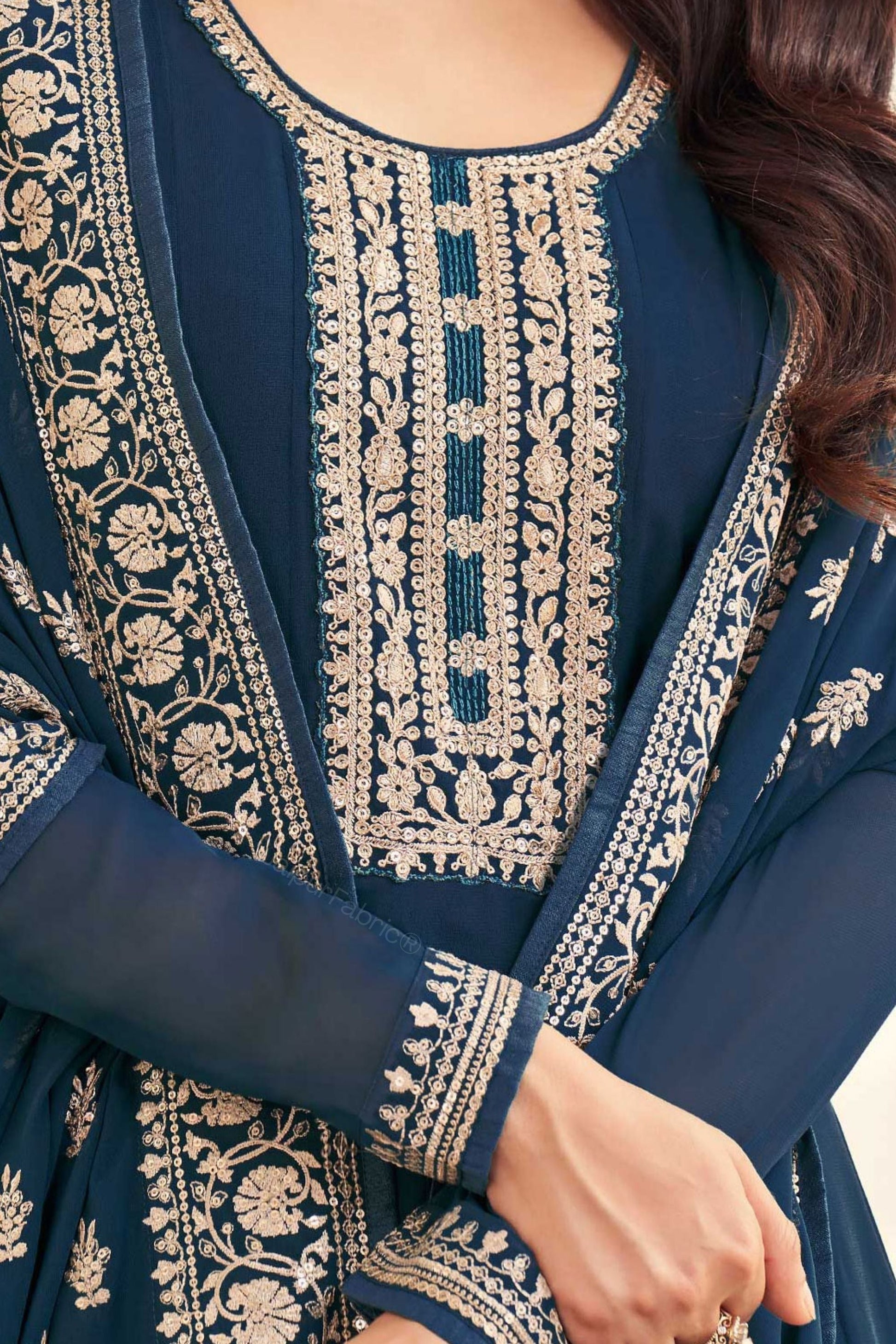 Floor Touch Anarkali Embroidered Georgette Teal Embroidered Semi Stitched Suit Set