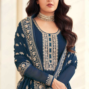 Floor Touch Anarkali Embroidered Georgette Teal Embroidered Semi Stitched Suit Set