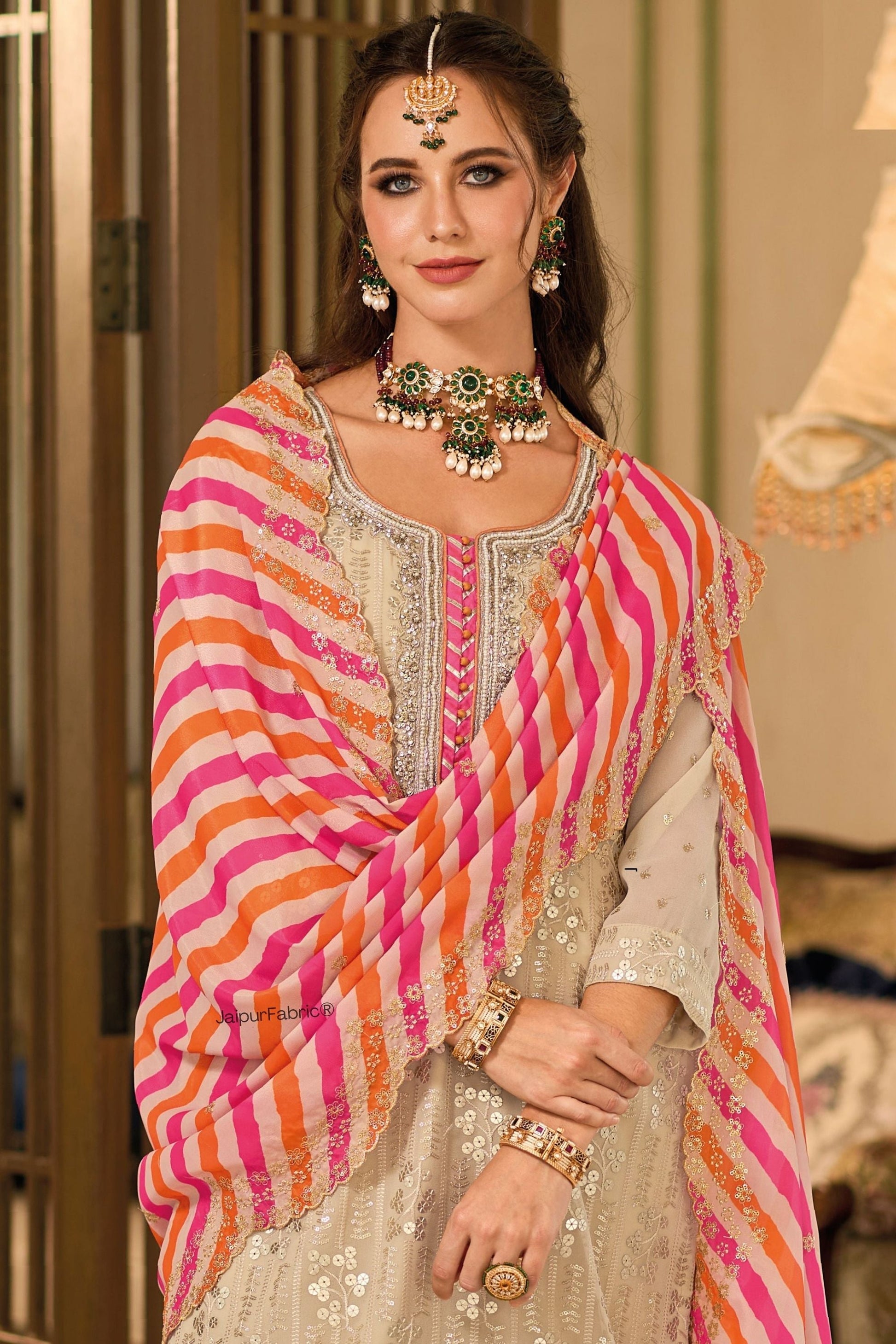 Embroidered Georgette Beautiful Suit In Beige