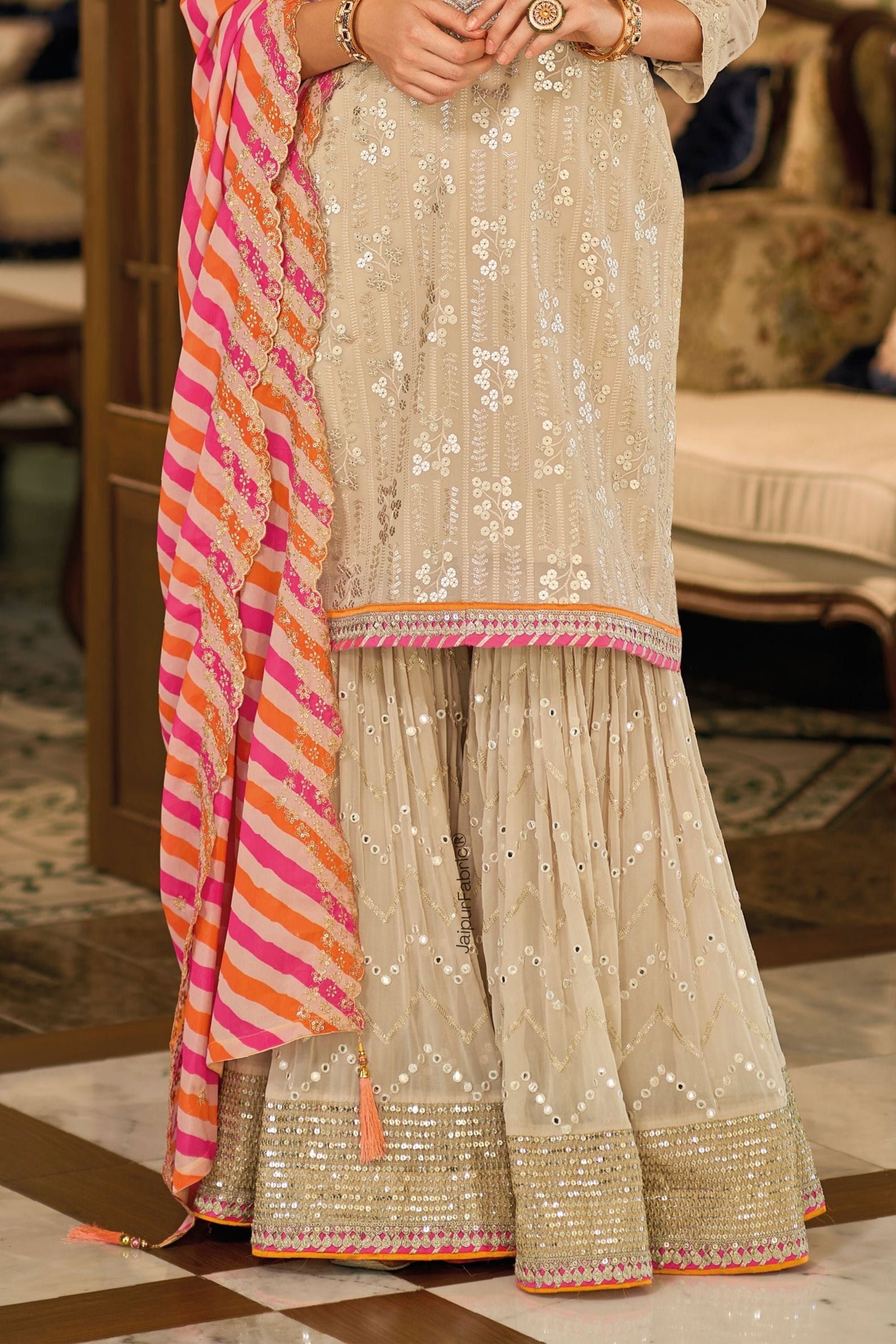 Embroidered Georgette Beautiful Suit In Beige
