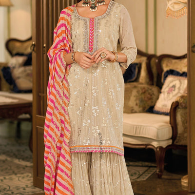 Embroidered Georgette Beautiful Suit In Beige