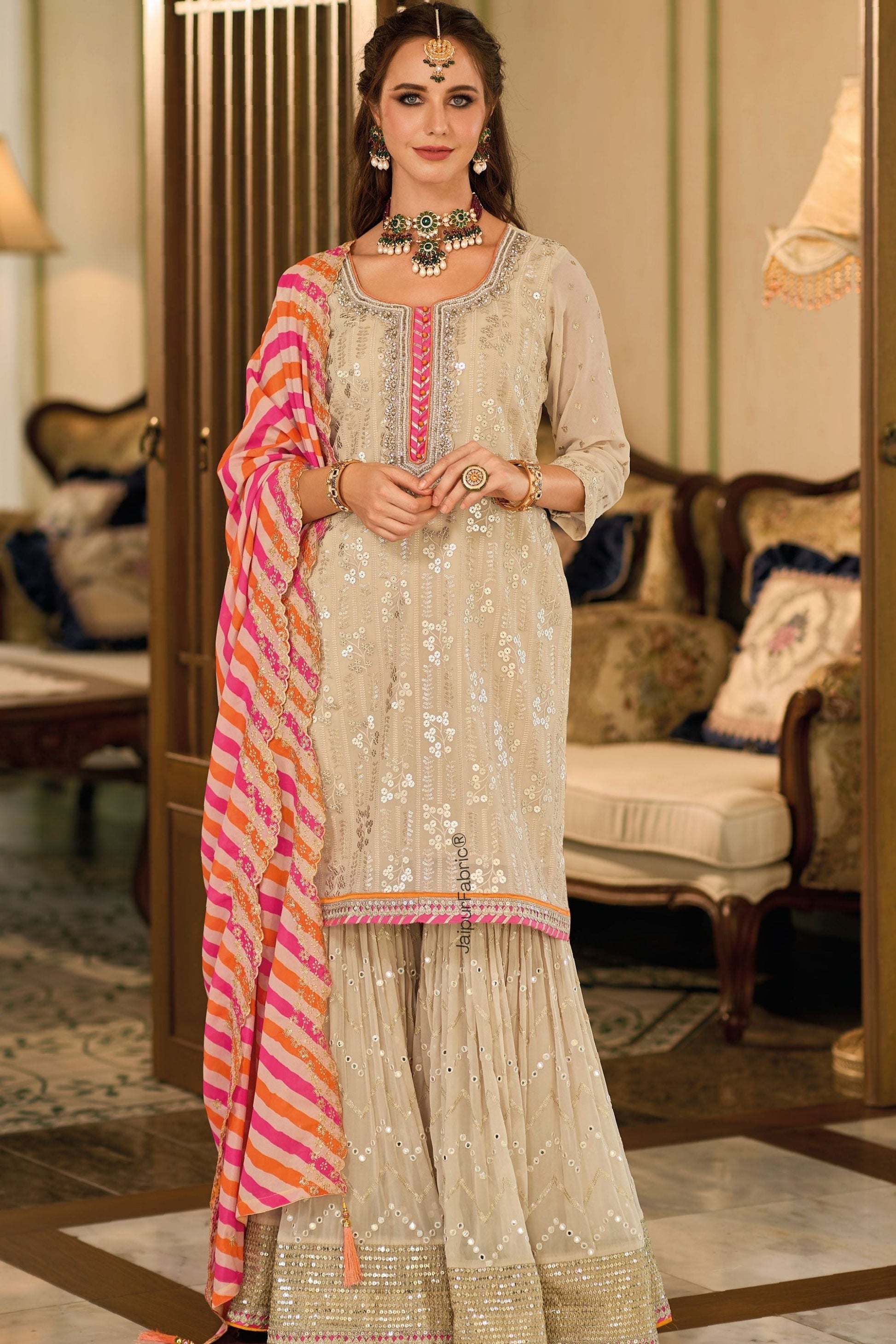 Embroidered Georgette Beautiful Suit In Beige