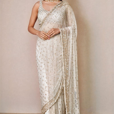 Hand Embroidered Net Saree in Off White